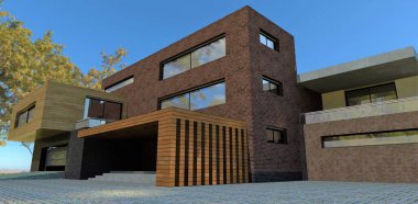 Porch cladding facade board. Three-story brick building. Entrance to the house and garage with automatically lifting gates. 3d render.