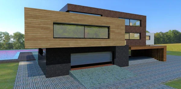 Wall cladding facade board. The three-story building is decorated with multi-colored bricks. Entrance to the garage with automatic lifting gates. Natural paving stone. 3d render.