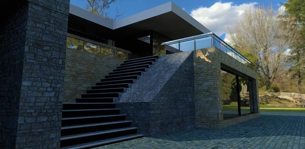 Concrete Stairs Terrace Exterior Cladding Slate Grey Glass Railing Steel — Stok fotoğraf