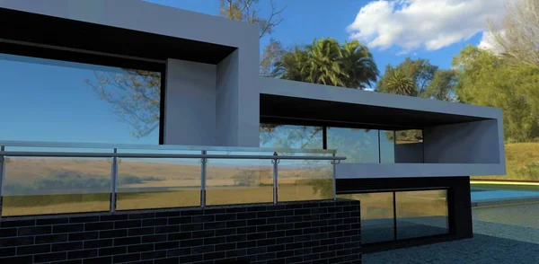 Stunning Cozy Villa Tropics Glass Railing Large Balcony Black Brick —  Fotos de Stock