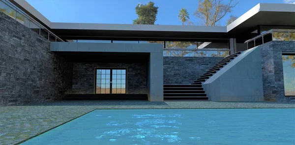 Terrace Overlooking Wonderful Blue Pool Courtyard Advanced Country House Glass — Fotografie, imagine de stoc