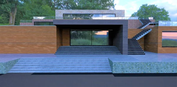 Wooden Facade Concept Advanced Villa Front Entrance Porch Wide Stairs — Zdjęcie stockowe