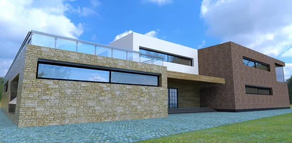 Office building design. Finishing old slate. Entrance and porch. Flat roof and fenced terrace. 3d render.