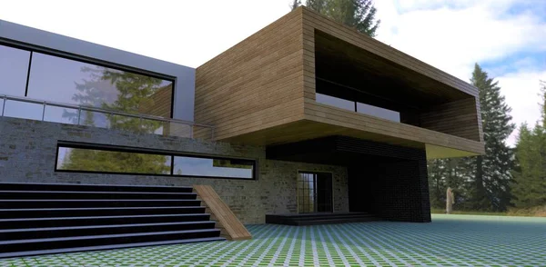 Concept Design Cladding Country Villa Front Board Combined Slate Lawn — 스톡 사진