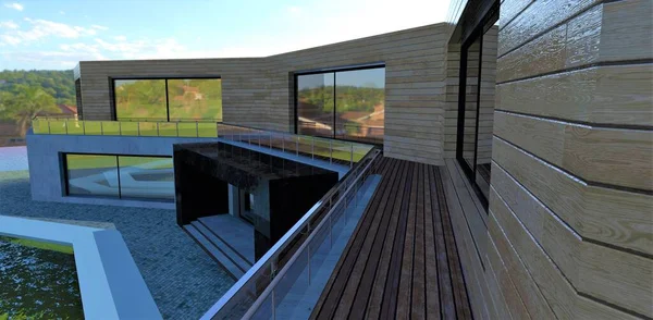 Concept Exterior Country Building Wooden Facade Terrace Board Flooring Large — 图库照片