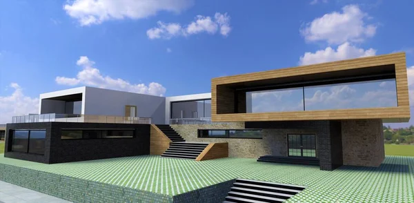 Attractive Architectural Concept Vacation Home Comfortable Concrete Stairs Glass Enclosed — Fotografia de Stock