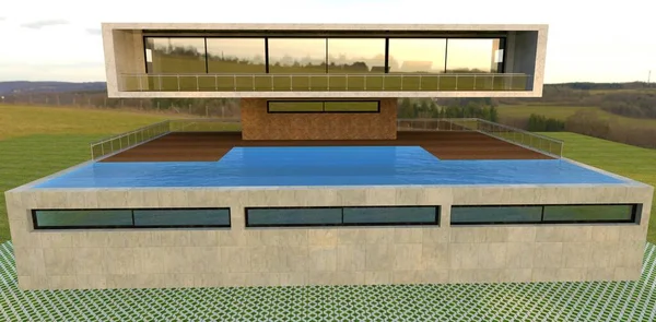 Futuristic Tech Villa Rooftop Pool Concrete Wall Decoration Fenced Terrace — Stock Photo, Image