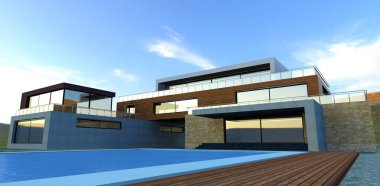 Luxurious country villa with pool. Futuristic style. Wall cladding concrete, slate, and facade board. Glass enclosed terraces. Reflective side windows. 3d render.