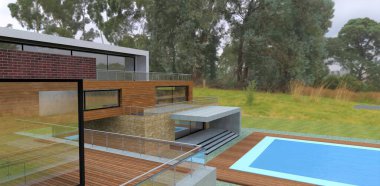 Modern country villa with pool. High tech style. Wall cladding brick, slate, and facade board. Glass enclosed terraces. Reflective side windows. Wonderful forest-steppe nature. 3d render.