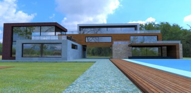Paving stone path in the courtyard of a luxurious country villa in a futuristic style. Decking flooring near the pool. The entrance to the room and the porch covered with a facade board. 3d render.