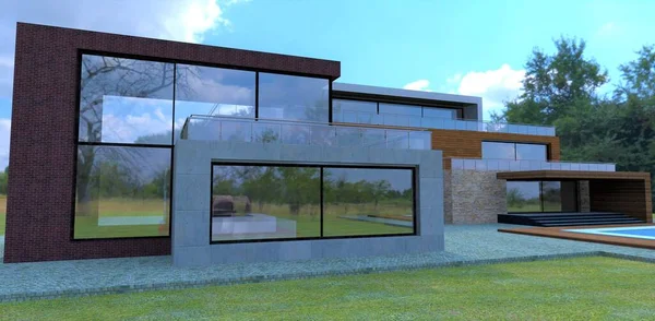 Futuristic concept of a country house. Lots of glass, light and space. Combined exterior cladding with concrete, tiles and facade board. 3d render.