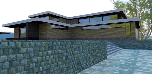 Country house design. Wall cladding with natural granite paving stones. Finishing the house with a facade board. 3d render.