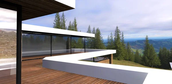 View from the wooden terrace of a modern country house on a stunning mountain landscape and magnificent coniferous trees. 3d render.