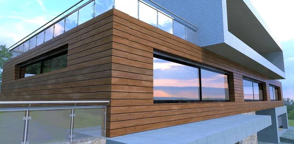 Wooden Exterior Wonderful Modern House Facade Board Looks Good Glass —  Fotos de Stock