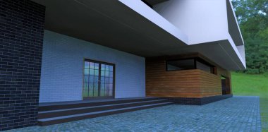 Design option for the entrance to a country building. Wide concrete porch steps. Facade decoration white brick and wood. Transparent swing doors. 3d render.