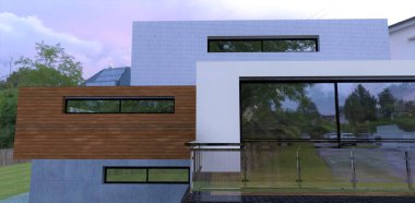 Road traffic is reflected in the panoramic window of a modern house. Balcony with glass panel railing. Sad cloudy day. 3d render.