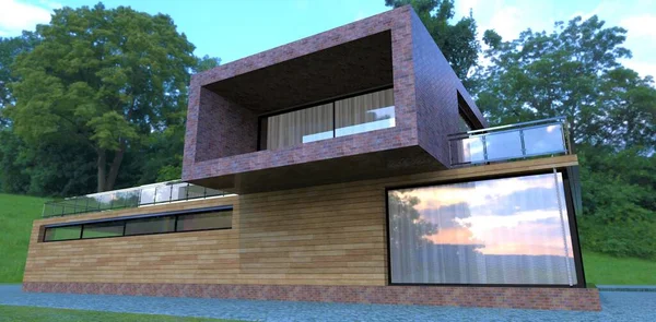 Conceptual Design Small Cozy Country House Wooden Facade Large Balcony —  Fotos de Stock