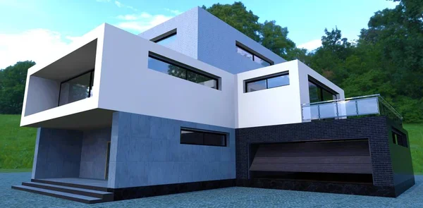 Futuristic Design Three Story Country House Entrance Building Garage Finishing — Zdjęcie stockowe