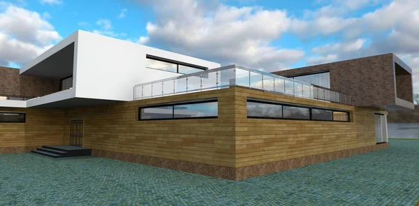 Modern Country House Facing Facade Board Panoramic Terrace Glass Railing — Fotografia de Stock