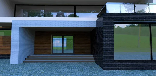 Modern Porch Design Advanced Home Concrete Steps Black White Brick — Stockfoto