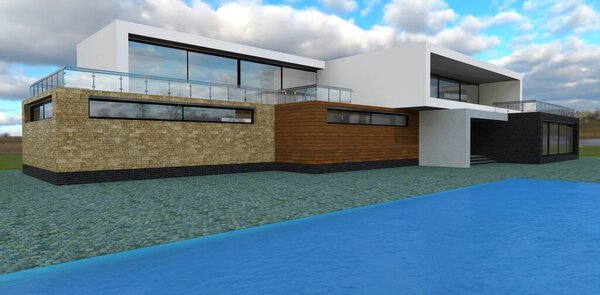 Современный дизайн в современной архитектуре. Продвинутый загородный дом с необычным бассейном. Комбинированное оформление фасада. 3D рендеринг.