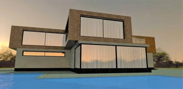 Wonderful Evening View Country Futuristic House Swimming Pool Combined Wood — 스톡 사진