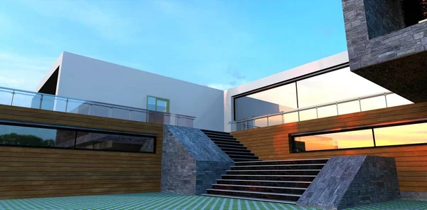 Современный Дизайн Удивительного Загородного Дома Широкая Бетонная Лестница Завершена Серой — стоковое фото