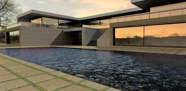 Stunning country villa with pool in the night. Sunset is reflected on mirror windows. 3d render.