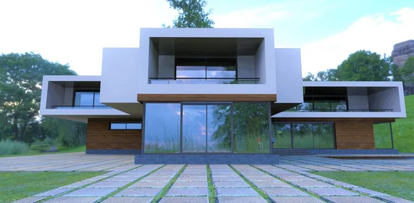 Conceptual design of a futuristic house with large panoramic reflective windows. Paving stones made of large concrete rectangular slabs. 3d render.