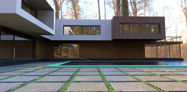 Contemporary country house with a swimming pool in the autumn forest. Wooden facade. There are large concrete slabs on the ground. 3d render.