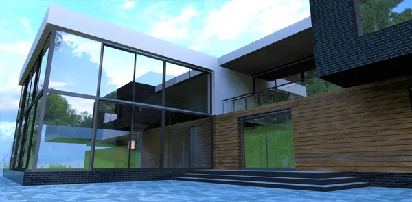 Contemporary Design Country House Much Mirror Glass Spacious Balcony Wooden — Fotografia de Stock