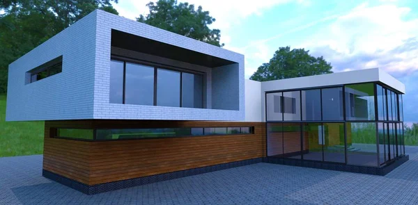 House Wood Paneling Ground Floor Long Narrow Corner Window Lots — Photo