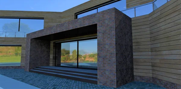 Entrance Modern Building Finished Wood Old Brown Bricks Concrete Steps — Stockfoto