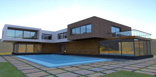 Wonderful Country Villa Pool Large Concrete Slabs Flooring Sun Sets — 图库照片