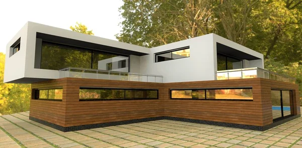 Model Modern Country House Yellow Leaves Finishing First Floor Front — Photo