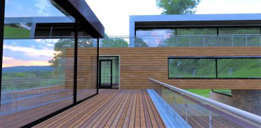 Terrace board. Terrace with wooden flooring. Front board as finishing of a facade. It goes well with a glass fence and mirrored windows. 3d render.