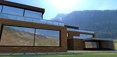 An amazing concept of a modern country estate located in a valley between mountains. Facade decoration with wood. Spacious terraces. Rectangular concrete paving slabs. 3d render.