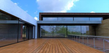 Luxurious lacquered wooden terrace. Lots of space and luxurious mirrored windows. Wide stone staircase. Glass panel fence. Ahead is the entrance to the building with sliding transparent doors. 3d render.