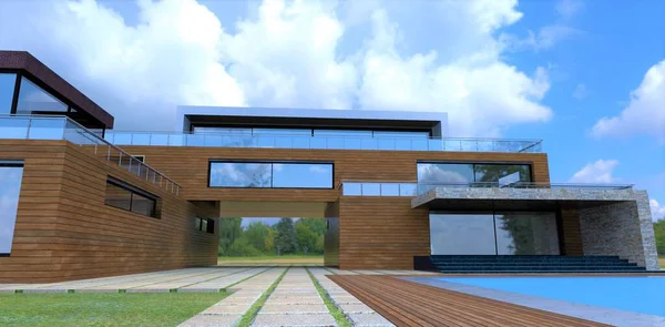 White Clouds Blue Sky Advanced Design Country House Wooden Facade — 스톡 사진