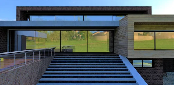 Wide Designer Staircase Material Concrete Advanced Futuristic House Sliding Mirror —  Fotos de Stock