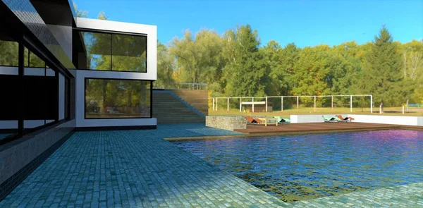 Wonderful Villa Swimming Pool Kyiv Cozy High Tech House Decking — Foto de Stock