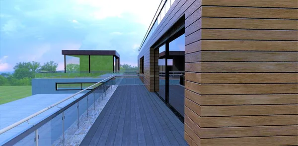 Design solution for finishing the terrace of a modern country house. Terrace and facade boards are perfectly combined with glass panel fencing. 3d render.