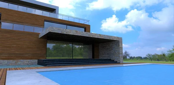 Exit from the house to the pool. Modern country villa. Facade decoration with wood. Glass railing. Rare cloudy weather. 3d render.