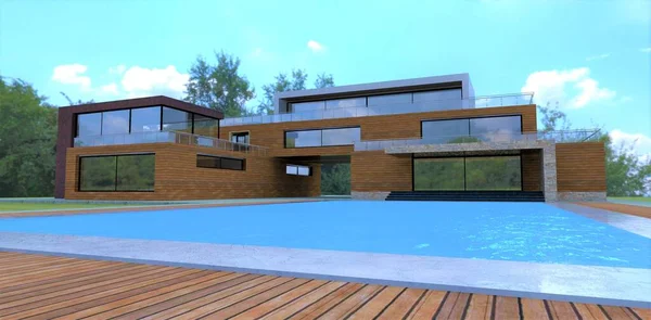 Luxurious Country Villa Wooden Facade Huge Pool Blue Water Floor — Zdjęcie stockowe