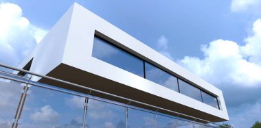 Futuristic architecture. View from below on a rectangular room finished with white gypsum plaster. Long rectangular window. Glass and steel railing. Wonderful clouds. 3d render.