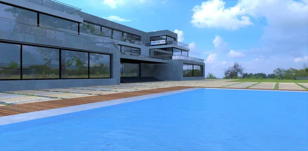 Дом Современного Дизайна Бетона Стекла Потрясающий Бассейн Голубой Чистой Водой — стоковое фото