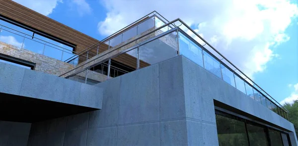 Finishing Exterior Country Exclusive House Concrete Multi Level Glass Paneled — Fotografia de Stock