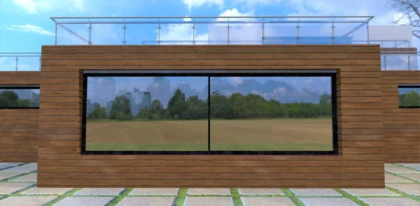 A large panoramic window in the wooden wall of an advanced country house. Frame finish - imitation of black marble. Well suited for spacious rooms where a lot of light is needed. 3d render.