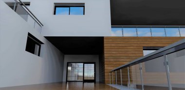Exit to the terrace. Door with glass inserts. Tempered glass railing. Mirrored window and spacious balcony. The floor is lacquered wood. 3d render.