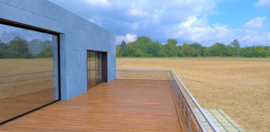 Modern farmhouse balcony design. Floor covering terrace board. Concrete wall decoration. Sliding glass panoramic doors. Next to a sloping rye field. 3d render.